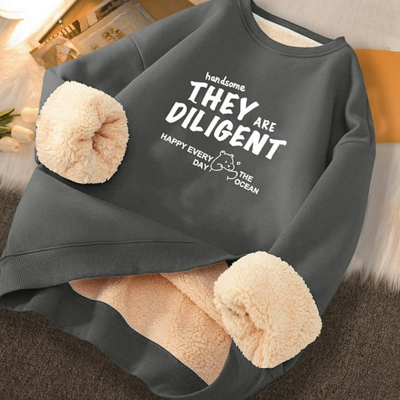 LpwkSSA Men's Oversize Sherpa Lined Sweatshirts Fall Winter Trendy Letter Print Thickened Thermal Loose Round Neck Long Sleeves Pullover Coat Gray XXXL