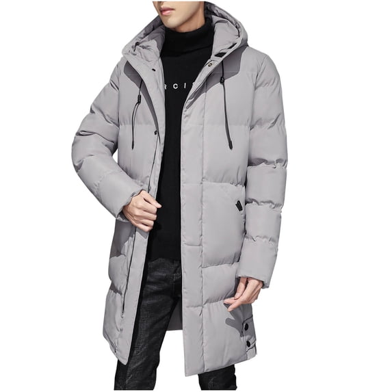 LpwkSSA Men's Padded Coats Parkas Solid Color Drawstring Button Heavy Coat with Pocket Zipper Long Sleeved Hooded Algondon Jacket Gray M