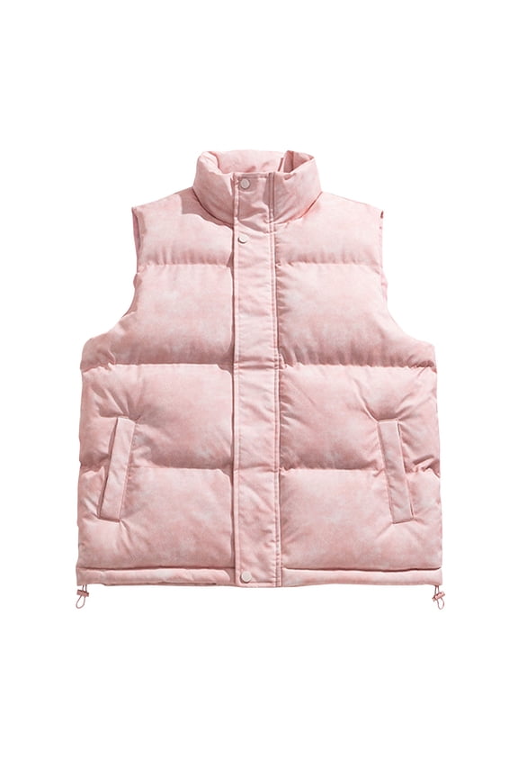 Men's Padded Vest Thick Cargo Vest Stand Collar Cotton Puffer Sleeveless Fleece Zip Hoodless Pockets Casual Outdoor Hiking Sports Solid Clothes Pink M