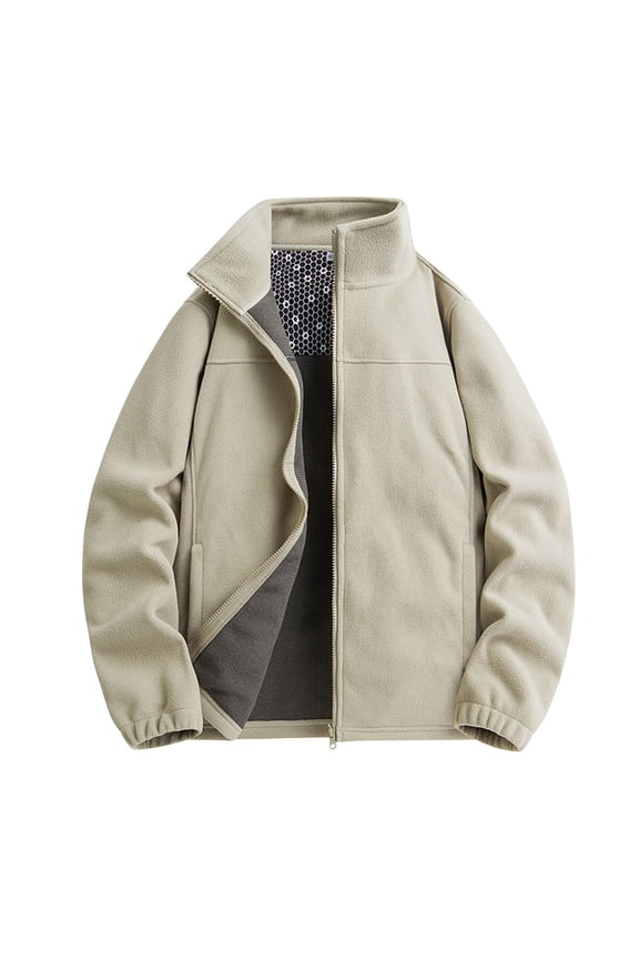 Men's Polar Fleece Jacket Stand Collar Long Sleeve Zipper Windproof Coat with Pockets Solid Color Loose Fit Winter Outwear Coat Beige S