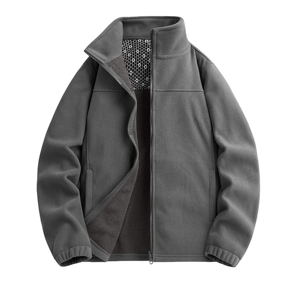 LpwkSSA Men's Polar Fleece Jacket Stand Collar Long Sleeve Zipper Windproof Coat with Pockets Solid Color Loose Fit Winter Outwear Coat Gray M