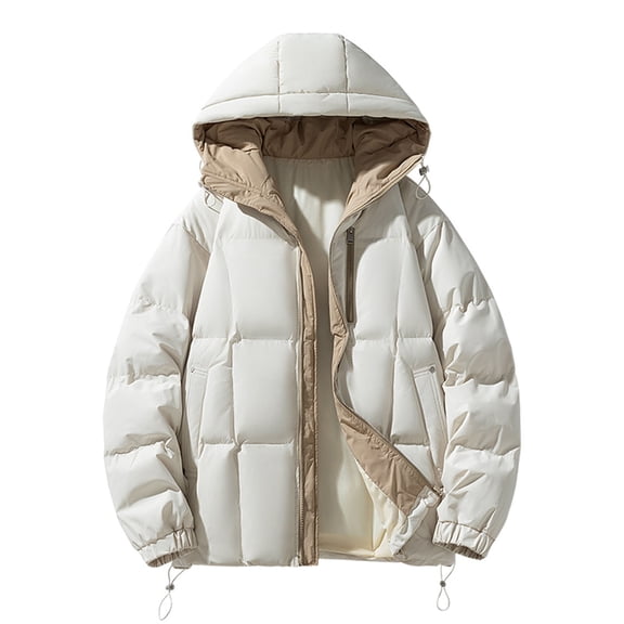 LpwkSSA Men's Puffer Hooded Jackets for Cold Weather Fashion Casual Solid Color Jacket with Pockets Long Sleeve Hooded Casual Outwear Coat White XXXXL