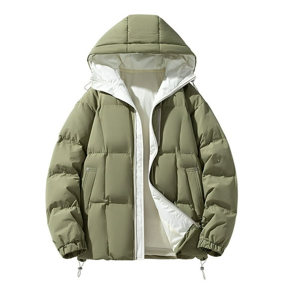 LpwkSSA Men's Puffer Hooded Jackets for Cold Weather Fashion Casual Solid Color Jacket with Pockets Long Sleeve Hooded Casual Outwear Coat Green S