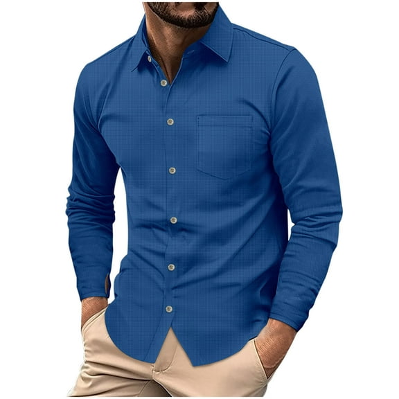 LpwkSSA Men's Shirts Solid Color Casual Lightweight Long Sleee Button Down Lapel Blouses with Pocket Loose Comfortable Dress Shirts Blue L