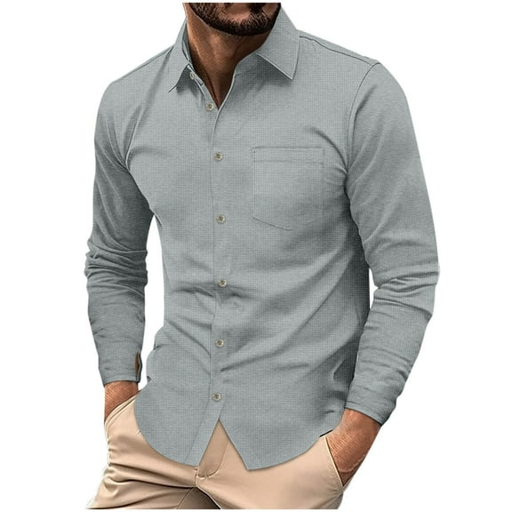 LpwkSSA Men's Shirts Solid Color Casual Lightweight Long Sleee Button Down Lapel Blouses with Pocket Loose Comfortable Dress Shirts Gray S