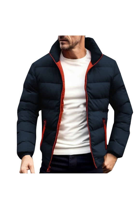 Men's Short Padded Coats Casual Solid Color Zipper Parkas with Pockets Long Sleeve Stand Collar Padded Jacket Blue XXL