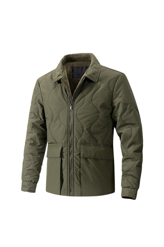 Men's Short Padded Coats Vintage Fashion Turndown Collar Solid Color Thick Outwear with Pocket Zipper Outdoor Long Sleeved Jacket Green XXL