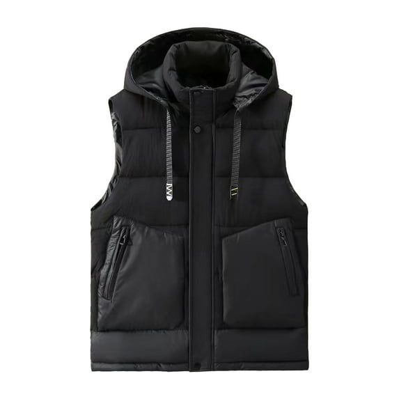 LpwkSSA Men's Sleeveless Zippered Cardigan Vest Padded Coat, Heavyweight Solid Color Detachable Hood Warm Design, Minimalist Practical Winter Men's Clothing Black L