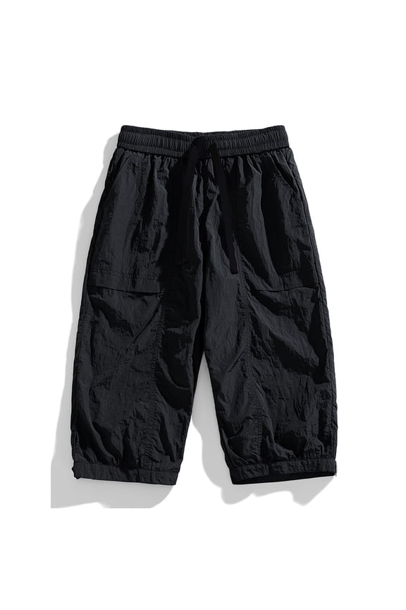 Men's Solid Color Casual Elastic Waist Drawstring Pocket Shorts Black XXL
