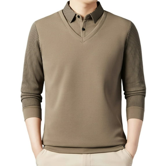 LpwkSSA Men's Solid Color Fake Two Warm Thickened Casual Knitwear Fleece lined Long Sleeve Turndown Collar Base Shirts Yellow L