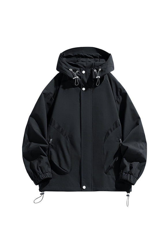 Men's Solid Color Long Sleeve Hooded Work Jacket Water-Resistant Utility Loose Fit Workwear Coat for Outdoor Hiking Camping Activities Black XXXL