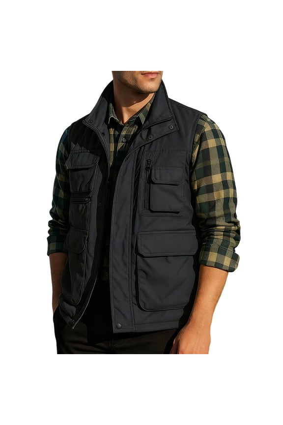 Men's Solid Color Outdoor Photography Vest Sleeveless Multiple Pockets Comfortable Nylon Jacket Casual Spring Summer Fashion Work Wear Suitable for Hiking Camping Black XXXXL