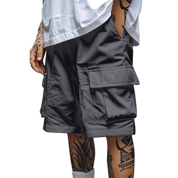 LpwkSSA Men's Solid Color Workwear Shorts Outdoor Casual Multi Pocket Five Quarter Pants Gray M