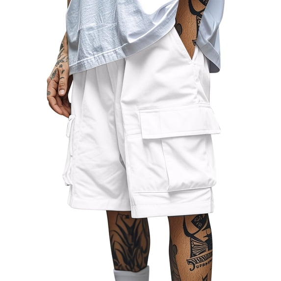 LpwkSSA Men's Solid Color Workwear Shorts Outdoor Casual Multi Pocket Five Quarter Pants White L