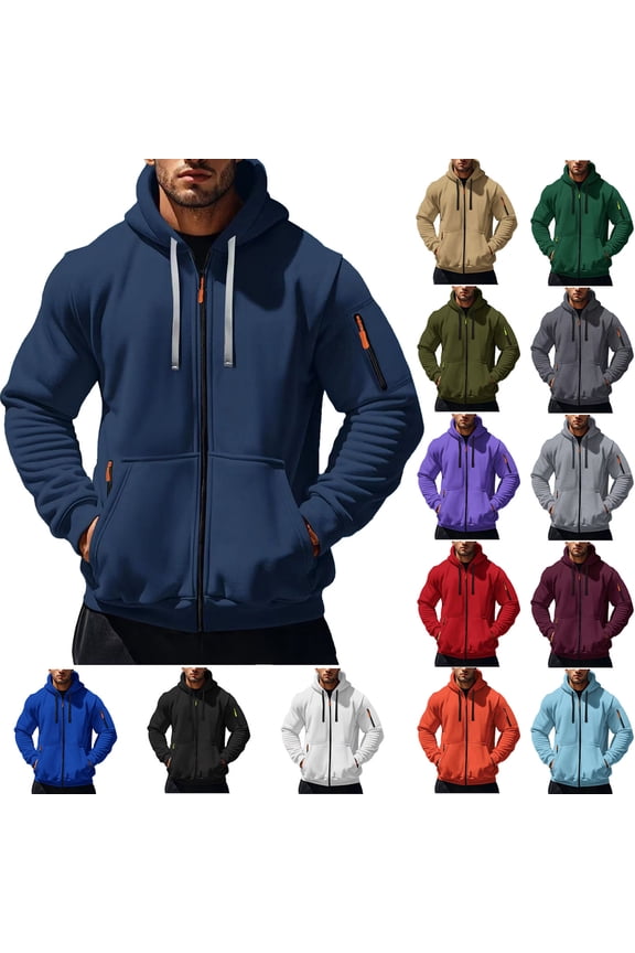 Men's Sports Coat Casual Fashion Zip Up Jacket Solid Color Pull Rope Hooded Long Sleeve with Pocket Outwear Fall Winter Jackets Blue XXL