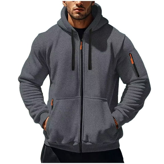 LpwkSSA Men's Sports Coat Casual Fashion Zip Up Jacket Solid Color Pull Rope Hooded Long Sleeve with Pocket Outwear Fall Winter Jackets Gray S