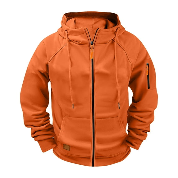 LpwkSSA Men's Sports Coats Cargo Solid Color Long Sleeve Zipper Coat with Multiple Pockets Sports Fitness Training Raglan Hooded Casual Jacket Orange M