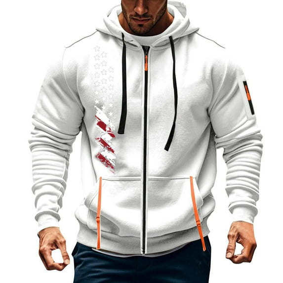 LpwkSSA Men's Sports Coats Cargo Solid Color Multiple Pockets Windproof Sports Fitness Training Long Sleeved Hooded Casual Jacket White XL