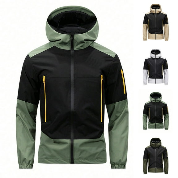 LpwkSSA Men's Sports Outdoor Coat Casual Fashion Solid Color Long Sleeved Hooded Zipper Jacket with Multiple Pocket Waterproof Outdoor Windbreaker Coat Gray S