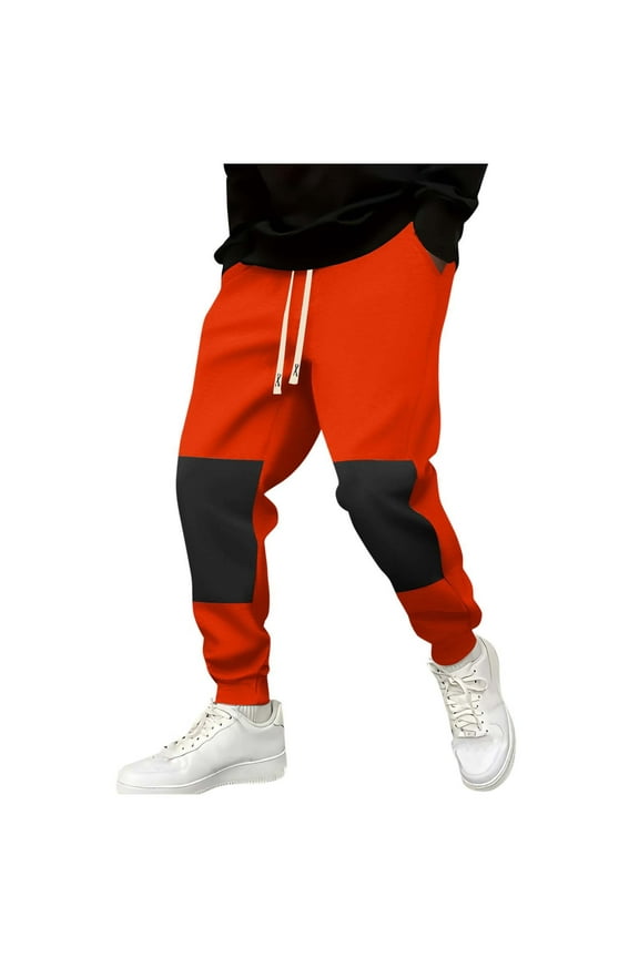 Men's Sports Pants Patchwork Color Autumn and Winter Pocket Training Sweatpants Drawstring Waist Bind The Feet Sweatpants Orange XXL