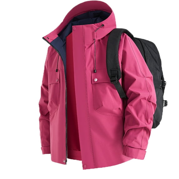 LpwkSSA Men's Sports Rain Jacket with Hood Waterproof Casual Fashion Solid Color Long Sleeved Zipper Pocket Thermal Oversized Hiking Climb Coat Pink S