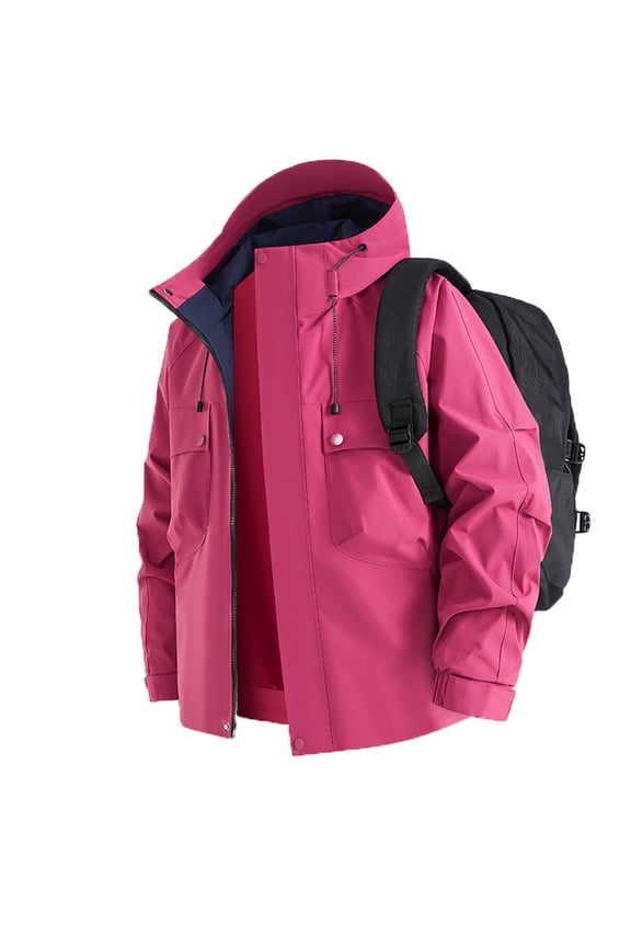 Men's Sports Rain Jacket with Hood Waterproof Casual Fashion Solid Color Long Sleeved Zipper Pocket Thermal Oversized Hiking Climb Coat Pink XXL