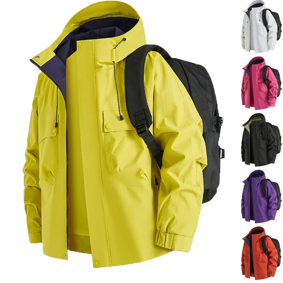 LpwkSSA Men's Sports Rain Jacket with Hood Waterproof Casual Fashion Solid Color Long Sleeved Zipper Pocket Thermal Oversized Hiking Climb Coat Purple S