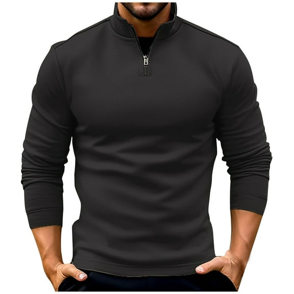 LpwkSSA Men's Sports Shirt Casual Fashion Zipper Long Sleeve Stand Collar Solid Color Golf Shirt Sports Style Pullover T-Shirt Black S