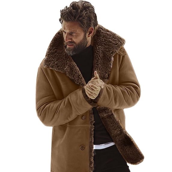 LpwkSSA Men's Thermal Fleece Trench Coat Casual Fashion Solid Color Plus Fleece Stand Up Collar Cardigan Long Sleeved Coat Yellow M