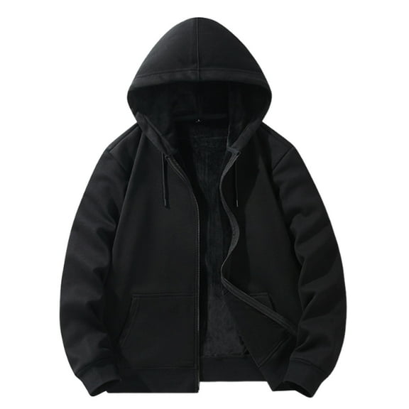 LpwkSSA Men's Thermal Hooded Jacket Full Zip Cardigan Style Heavy Fleece Lined Thick Winter Hoodie Windproof Solid Color Outdoor Coat Black L