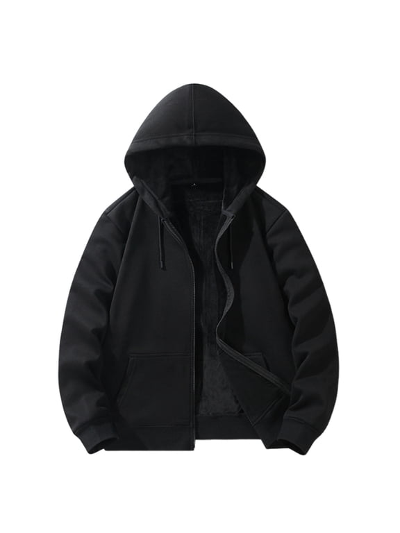 Men's Thermal Hooded Jacket Full Zip Cardigan Style Heavy Fleece Lined Thick Winter Hoodie Windproof Solid Color Outdoor Coat Black M