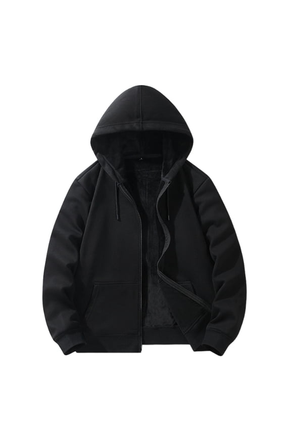 Men's Thermal Hooded Jacket Full Zip Cardigan Style Heavy Fleece Lined Thick Winter Hoodie Windproof Solid Color Outdoor Coat Black M
