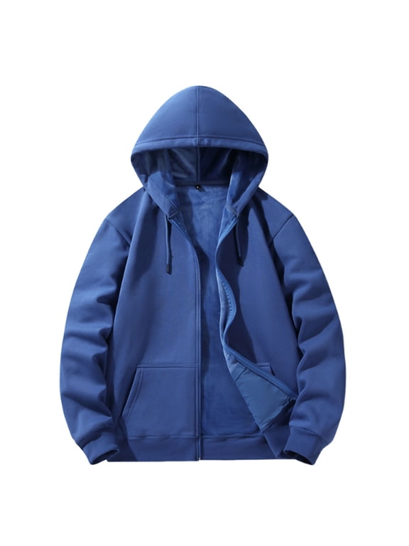 Men's Thermal Hooded Jacket Full Zip Cardigan Style Heavy Fleece Lined Thick Winter Hoodie Windproof Solid Color Outdoor Coat Blue M