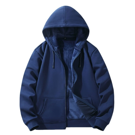LpwkSSA Men's Thermal Hooded Jacket Full Zip Cardigan Style Heavy Fleece Lined Thick Winter Hoodie Windproof Solid Color Outdoor Coat Blue M