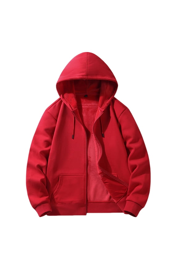 Men's Thermal Hooded Jacket Full Zip Cardigan Style Heavy Fleece Lined Thick Winter Hoodie Windproof Solid Color Outdoor Coat Red M