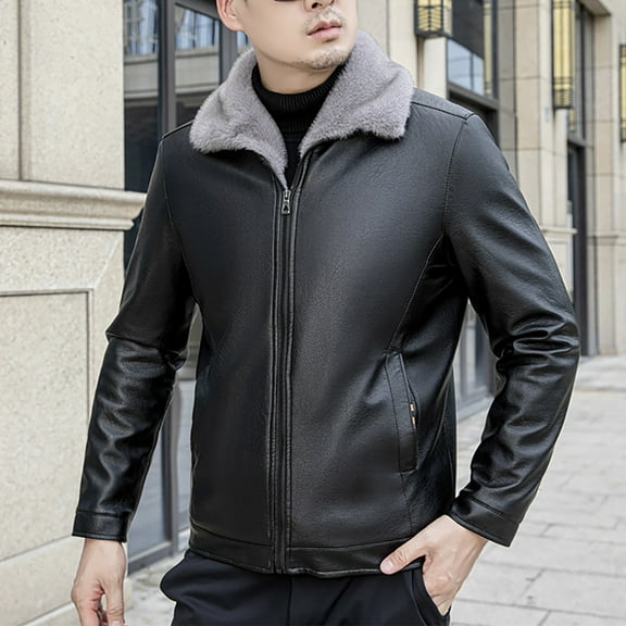 LpwkSSA Men's Thermal Leather Jacket Fashion Vintage Thicken Long Sleeve Solid Color Zipper Pocket Leather Long Sleeved Leather Jacket Black L