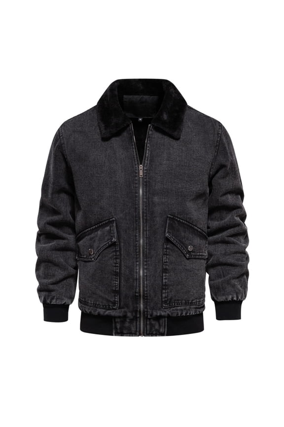 Men's Thermal Lined Denim Jacket Casual Fashion Washed Denim Coat Thickened Jacket Long Sleeve Hoodless Casual Jacket Gray M