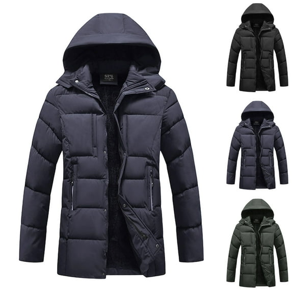 LpwkSSA Men's Thermal Puffer Coat Solid Color Mid-Length Thick Collar Zipper Pocket Long Sleeved with Detachable Hood Warm Casual Down Jacket Green XXL