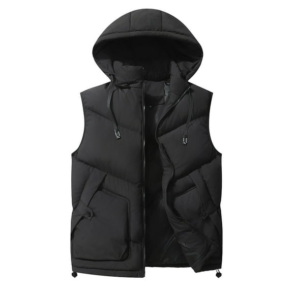 LpwkSSA Men's Thermal Puffer Vest Top Thick Stand Up Collar Hooded Vest Plus Size Sleeveless Camisole Cotton Jacket Black L