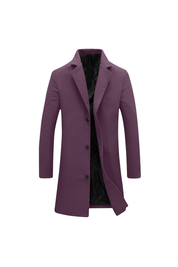 Men's Thermal Trench Coats Fashion Long Sleeve Leisure Outerwear Solid Color Turndown Collar Windproof Coat Casual Outwear Purple XXL