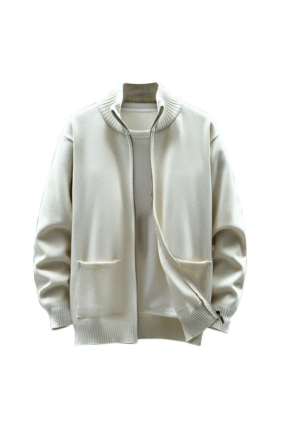 Men's Trendy Coats Plus Size Solid Color Knit Round Collar Cardigan Relaxed Zipper Sweater Coat Fleece Long Sleeve Warm Coat with Pockets Beige XL