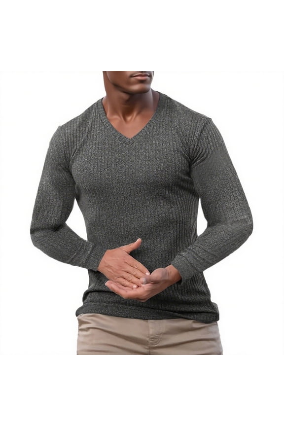 Men's V-neck Knitted Sweater Casual Long Sleeved Top Stretchy Slim Fit High Elasticity Warm Comfortable Sportswear Ideal for Fitness Exercise Outdoor Activities Gray L