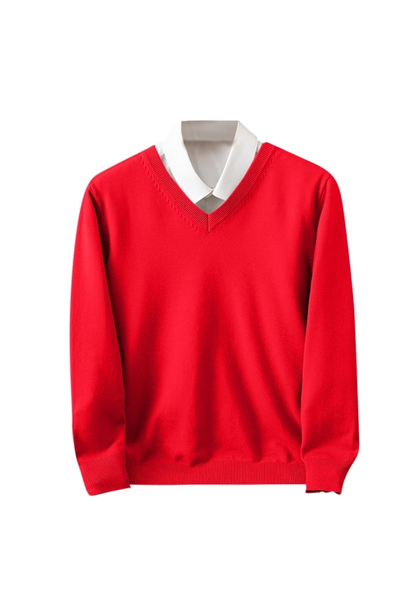 Men's V-neck Solid Color Slim Sweater Casual Long Sleeve Fashion Knitted Pullover for Outdoor Daily Wear Comfortable Stylish Winter Apparel Red XXL
