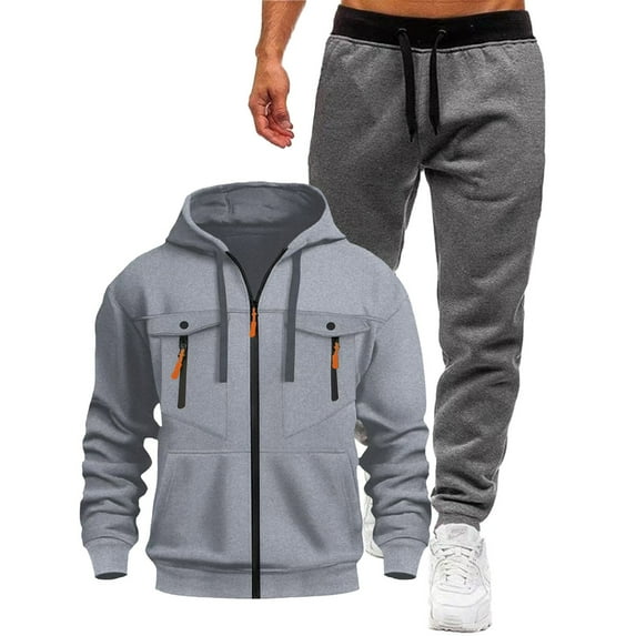 LpwkSSA Men's Velvet Full Zip Hooded Sweatshirt and Small Leg Sweatpants Comfortable Casual Set Lightweight Easy Movement Two Pockets Everyday Wear Fitness Travel Gray XXL