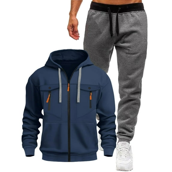 LpwkSSA Men's Velvet Full Zip Hooded Sweatshirt and Small Leg Sweatpants Comfortable Casual Set Lightweight Easy Movement Two Pockets Everyday Wear Fitness Travel Blue S