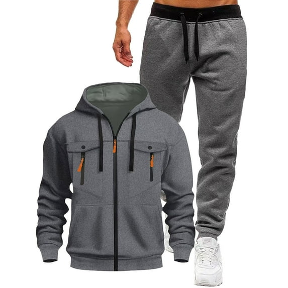 LpwkSSA Men's Velvet Full Zip Hooded Sweatshirt and Small Leg Sweatpants Comfortable Casual Set Lightweight Easy Movement Two Pockets Everyday Wear Fitness Travel Gray XXL
