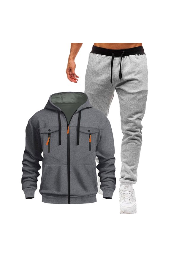 Men's Velvet Sweatshirt Sweatpants Set Full Zip Hooded Sweatshirt Drawstring Waistband Ribbed Cuffs Casual Athletic Wear Daily Exercise Outdoor Sports Gray XXL
