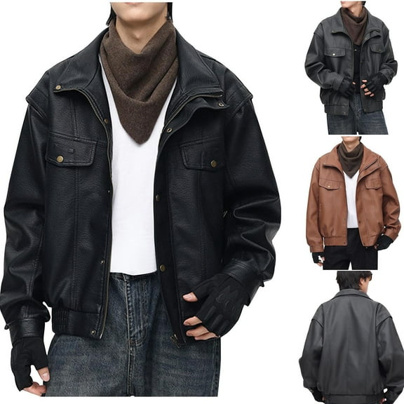 LpwkSSA Men's Vintage Leather Jacket Long Sleeve Zipper Stand Collar Casual Coat Fashionable Stylish Warm Outerwear Perfect for Fall Winter Daily Wear Black L