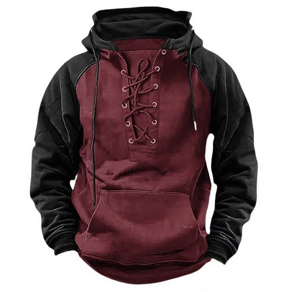 LpwkSSA Men's Vintage Work Hooded Sweatshirt Drawstring Lace Workwear Contrasting Color Patchwork Casual Fall Winter Pullover Hoodie Red XXXL