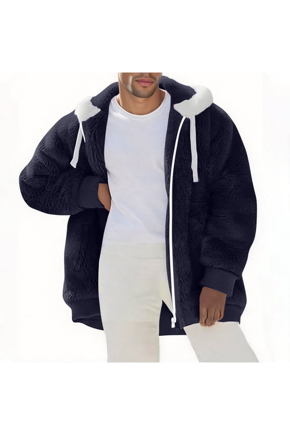 Men's Warm Jacket Stand Collar Thermal Cotton Long Sleeve Fleece Zip with Hood Pockets Casual Sweaters Winter Solid Fall Coats Blue XL